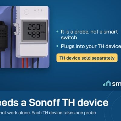 Sonoff THS01 probe plugged into a Sonoff TH Elite. The probe needs a TH Elite or TH Origin, sold separately