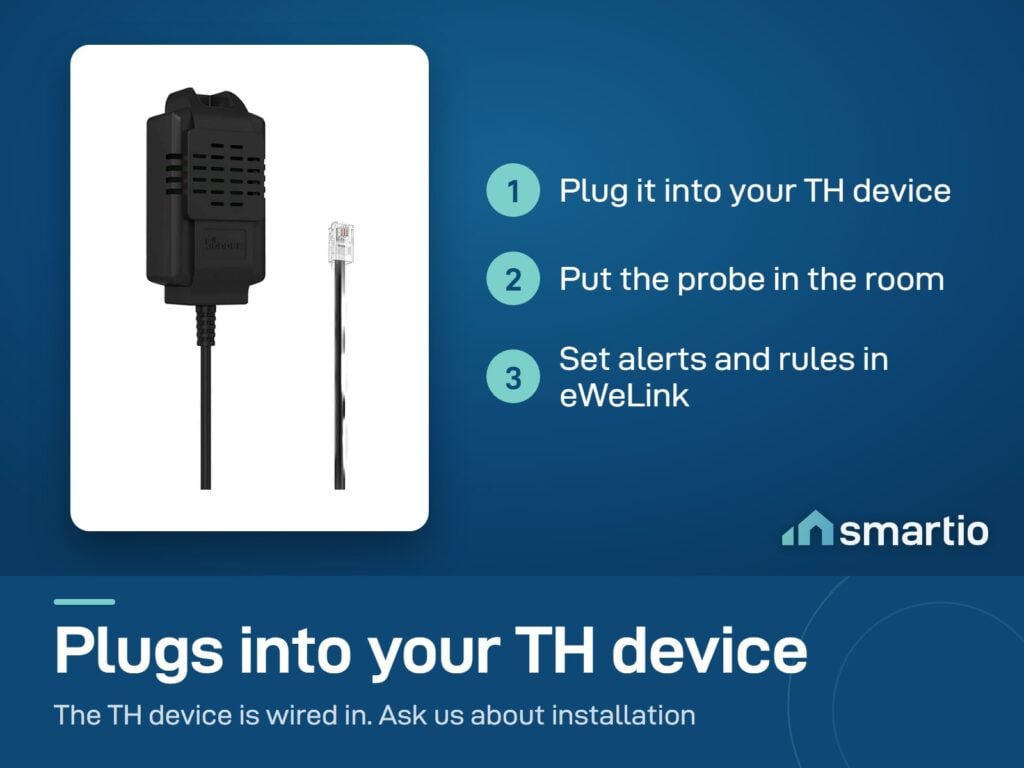 Sonoff THS01 probe setup: plug into the TH device, place the probe, set alerts and rules in eWeLink