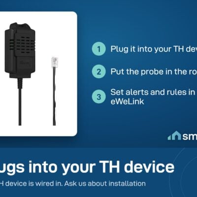 Sonoff THS01 probe setup: plug into the TH device, place the probe, set alerts and rules in eWeLink