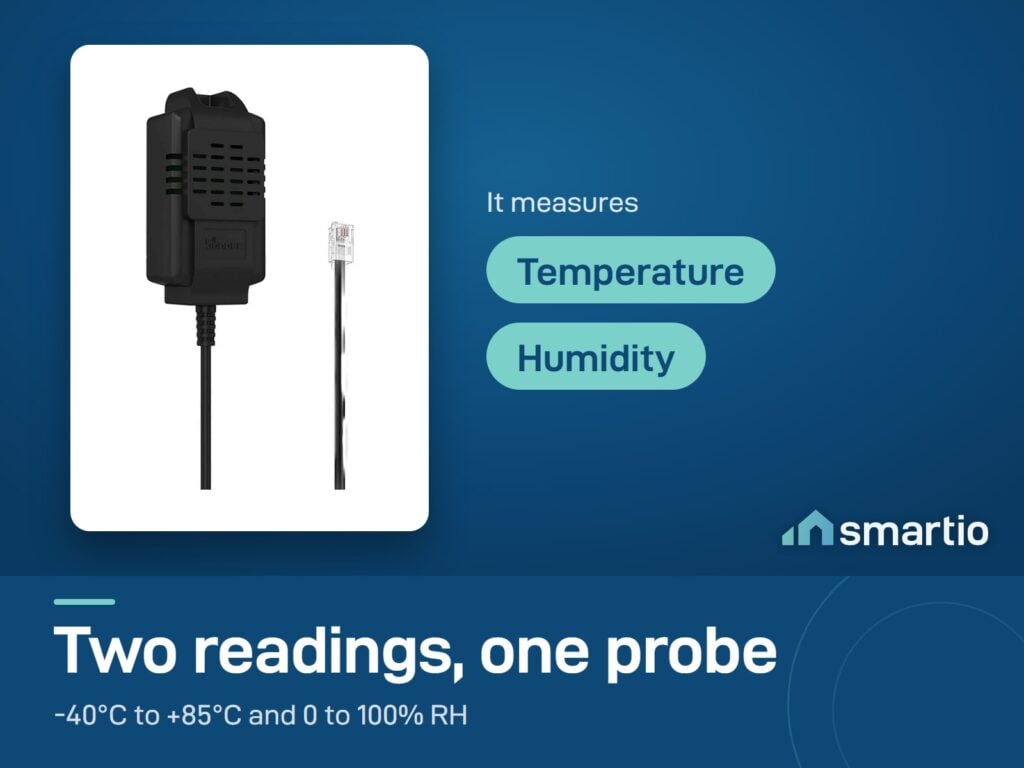 Sonoff THS01 probe measures temperature from -40 to 85 degrees Celsius and humidity from 0 to 100 percent