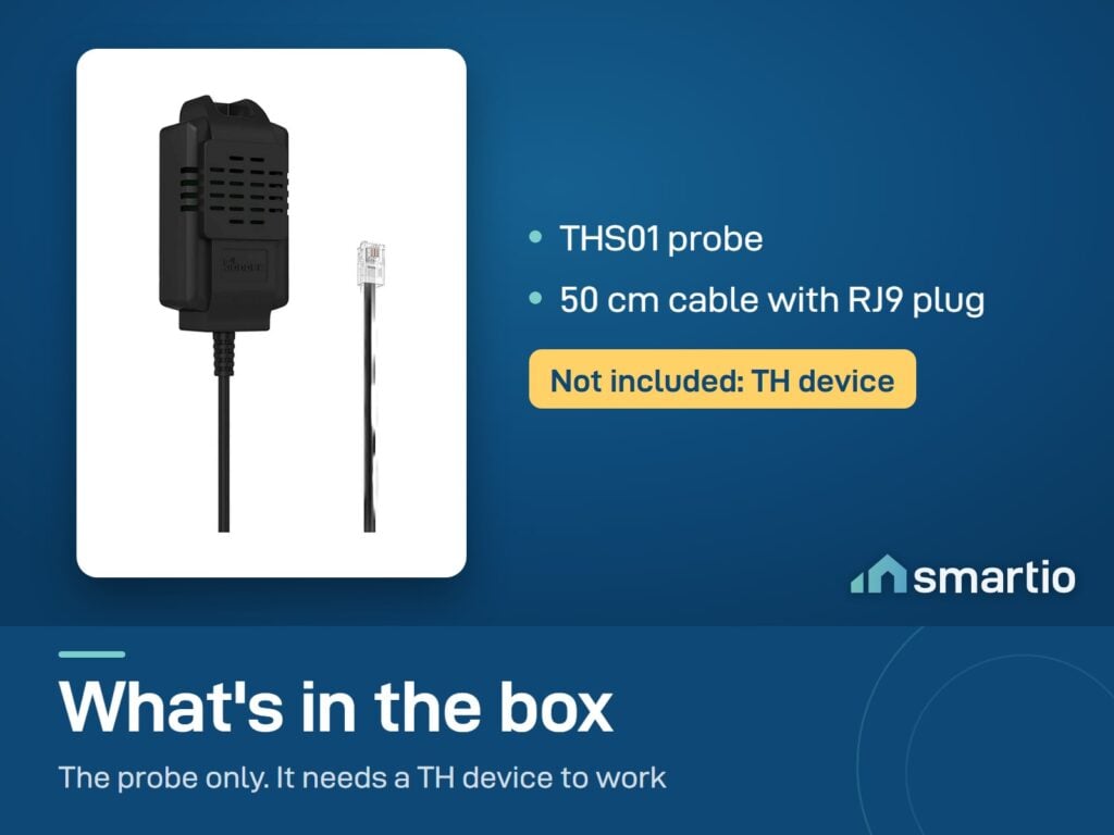 What's in the Sonoff THS01 box: probe with 50 cm cable and RJ9 plug. TH device not included