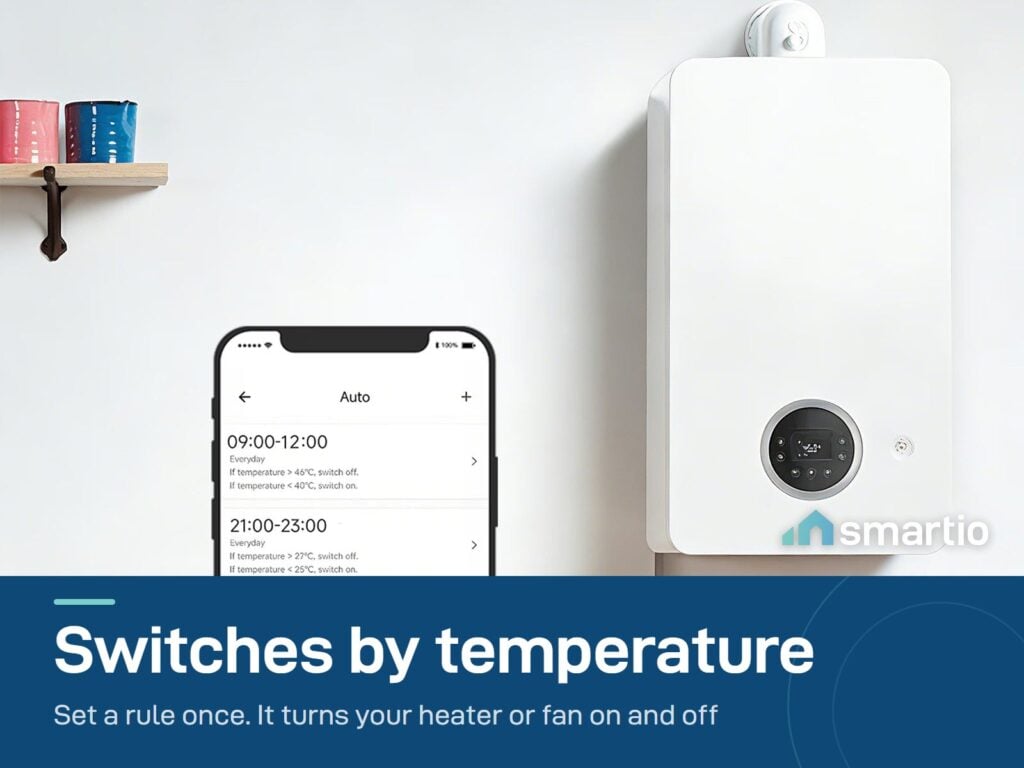 Sonoff TH Origin switches a wall boiler on and off by temperature, with the rules shown in the eWeLink app
