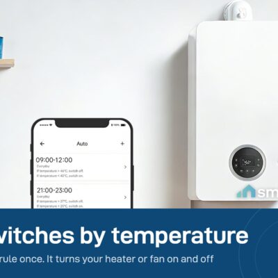 Sonoff TH Origin switches a wall boiler on and off by temperature, with the rules shown in the eWeLink app
