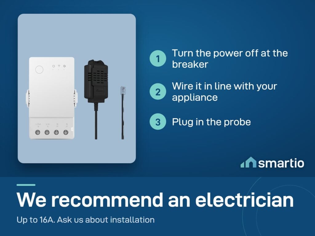 Sonoff TH Origin 16A relay with a probe: power off at the breaker, wire it in line with the appliance, plug in the probe