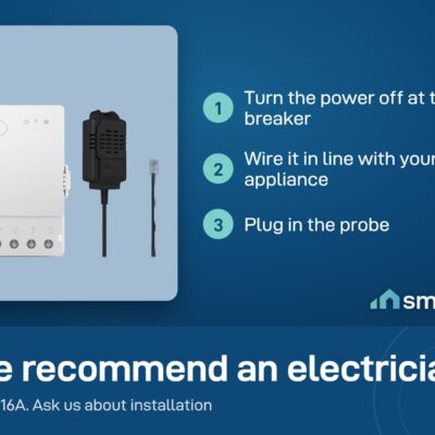 Sonoff TH Origin 16A relay with a probe: power off at the breaker, wire it in line with the appliance, plug in the probe