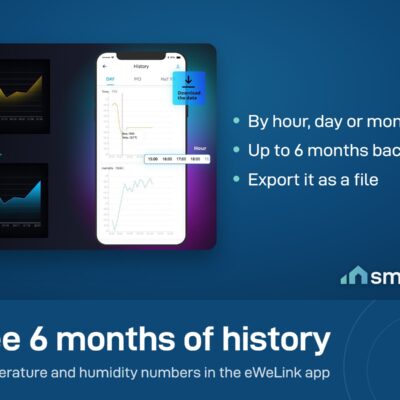 eWeLink app history screen for the Sonoff TH Origin: temperature and humidity by hour, day and month, up to 6 months