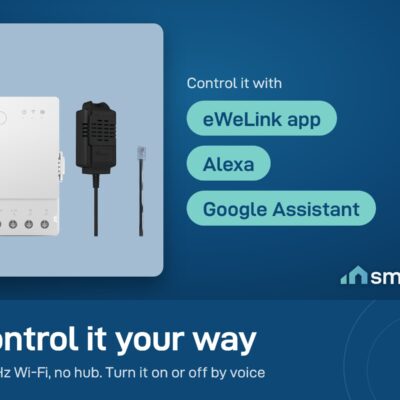 Sonoff TH Origin with a probe works in the eWeLink app on 2.4 GHz Wi-Fi, or by voice with Alexa and Google Assistant
