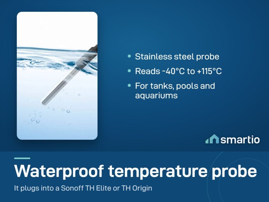 Sonoff WTS01 waterproof stainless steel temperature probe in water. It plugs into a Sonoff TH Elite or TH Origin
