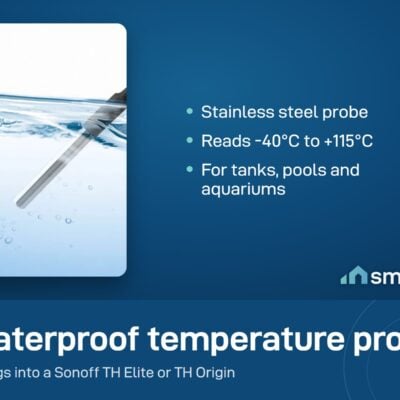 Sonoff WTS01 waterproof stainless steel temperature probe in water. It plugs into a Sonoff TH Elite or TH Origin