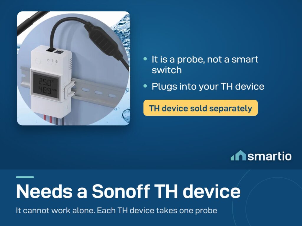 Sonoff WTS01 probe plugged into a Sonoff TH Elite. The probe needs a TH Elite or TH Origin, sold separately