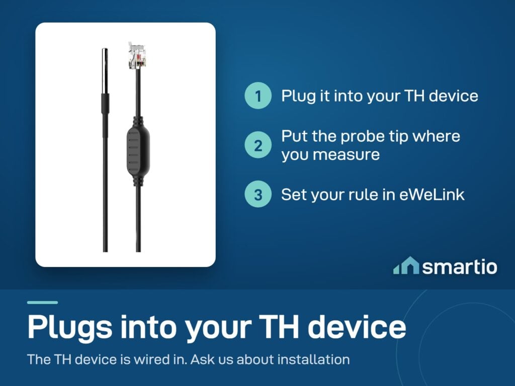 Sonoff WTS01 probe setup: plug into the TH device, place the probe tip, set a rule in eWeLink