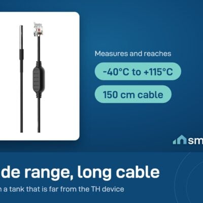 Sonoff WTS01 probe measures -40 to +115 degrees Celsius and has a 150 cm cable