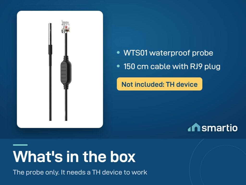 What's in the Sonoff WTS01 box: waterproof probe with 150 cm cable and RJ9 plug. TH device not included