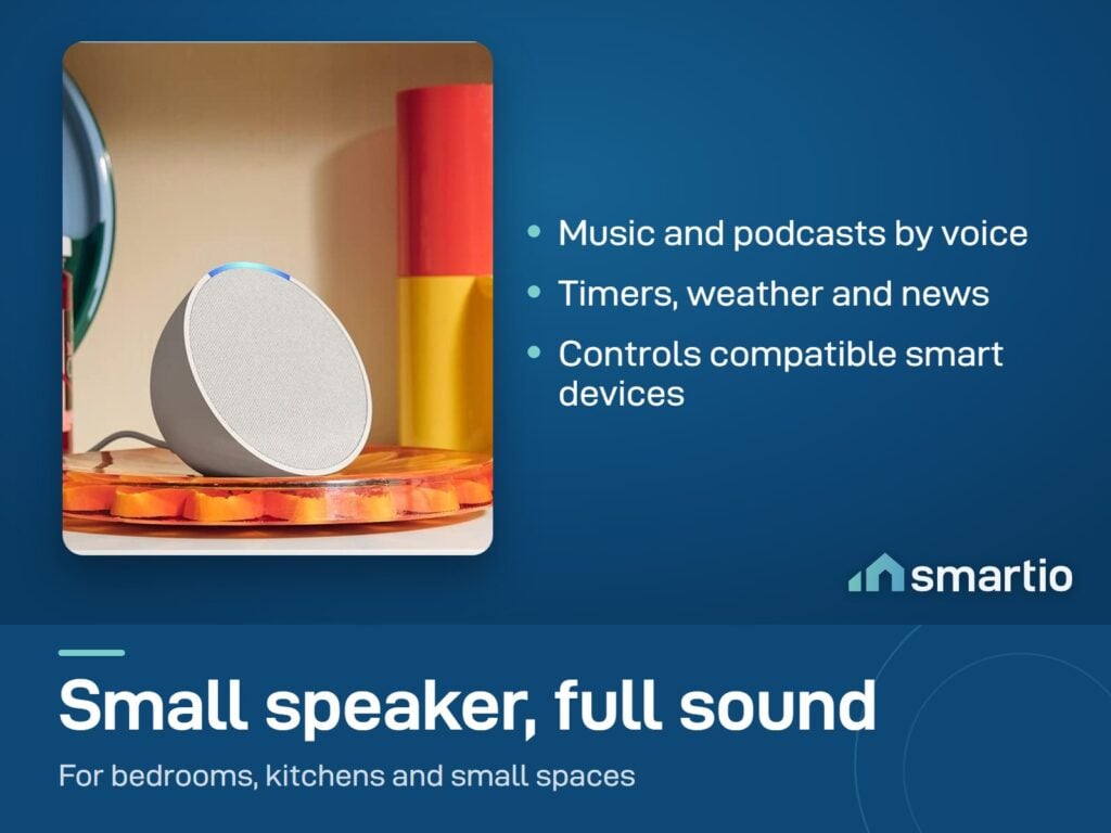 Amazon Echo Pop smart speaker on a kitchen shelf, small enough for a bedroom or kitchen