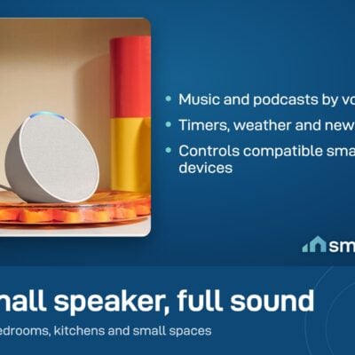 Amazon Echo Pop smart speaker on a kitchen shelf, small enough for a bedroom or kitchen