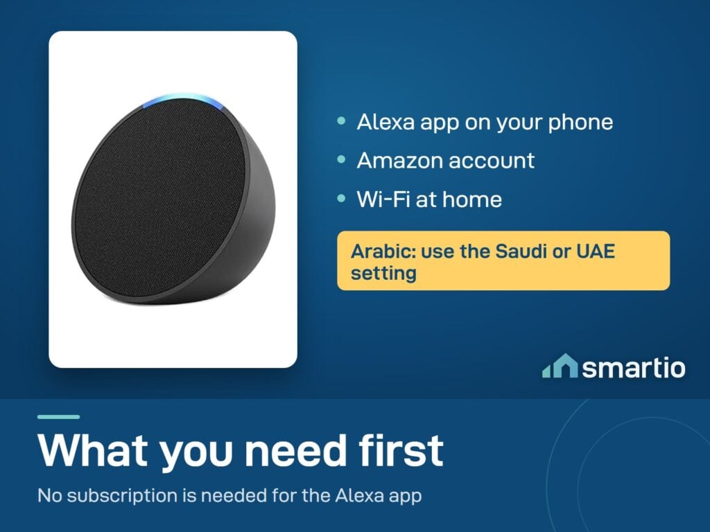 Amazon Echo Pop needs the Alexa app, an Amazon account and Wi-Fi. Arabic works with the Saudi or UAE setting