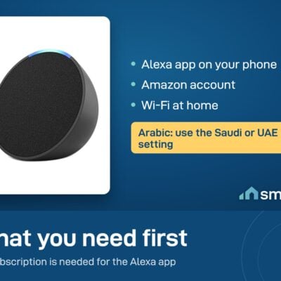 Amazon Echo Pop needs the Alexa app, an Amazon account and Wi-Fi. Arabic works with the Saudi or UAE setting