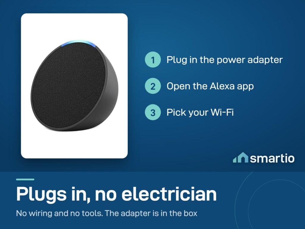 Amazon Echo Pop setup: plug in the power adapter, open the Alexa app, pick your Wi-Fi