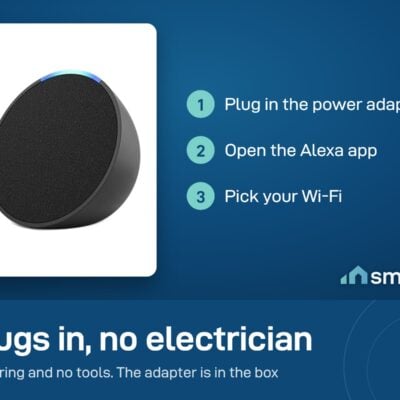 Amazon Echo Pop setup: plug in the power adapter, open the Alexa app, pick your Wi-Fi