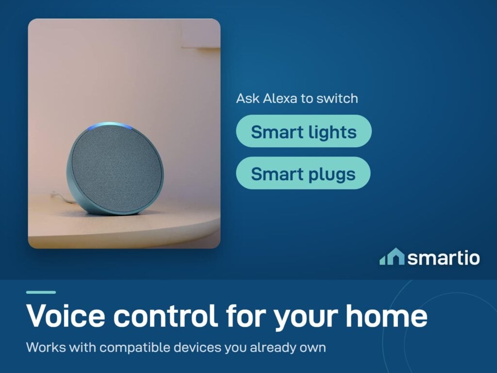 Amazon Echo Pop beside a lamp; ask Alexa to switch compatible smart lights and plugs