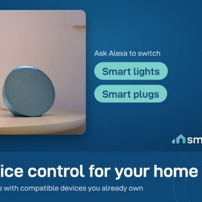 Amazon Echo Pop beside a lamp; ask Alexa to switch compatible smart lights and plugs