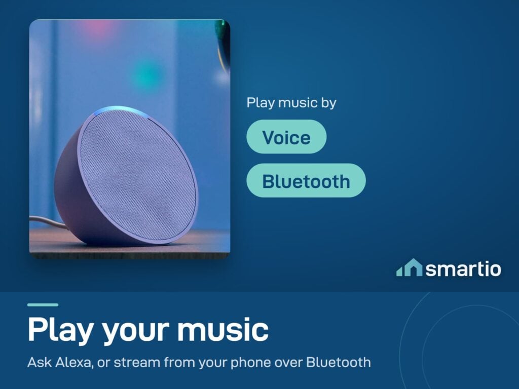 Amazon Echo Pop in lavender on a desk; play music by voice or over Bluetooth from your phone