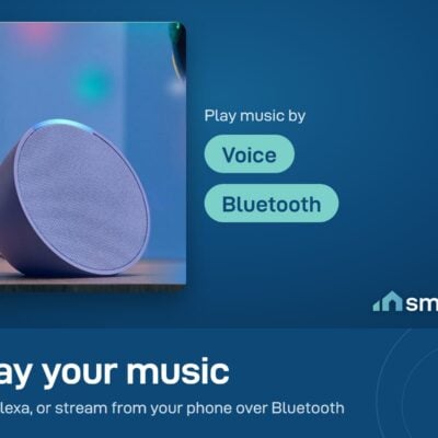 Amazon Echo Pop in lavender on a desk; play music by voice or over Bluetooth from your phone