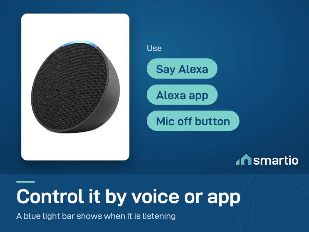 Echo Pop is controlled by voice and the Alexa app; a blue light bar shows it is listening. A button turns the mic off