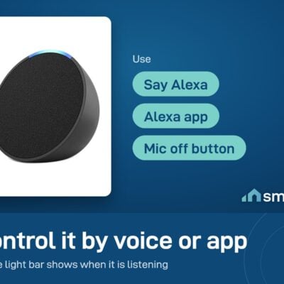 Echo Pop is controlled by voice and the Alexa app; a blue light bar shows it is listening. A button turns the mic off