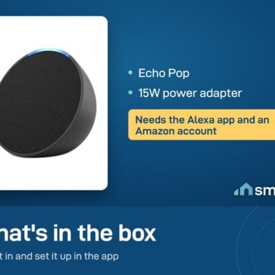 What's in the Amazon Echo Pop box: speaker and 15W power adapter. Needs the Alexa app and an Amazon account