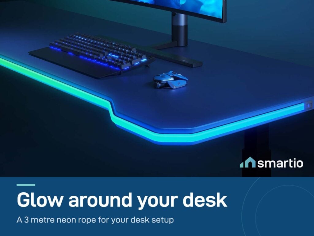 Govee desk neon rope light glowing in cyan around the edge of a desk