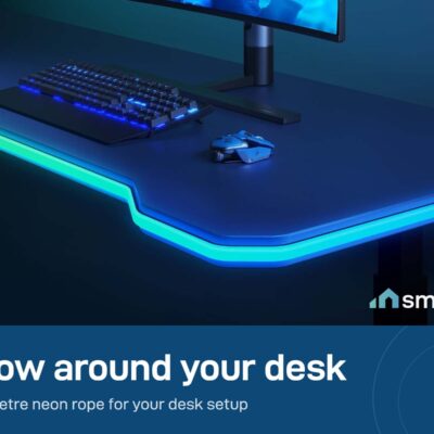 Govee desk neon rope light glowing in cyan around the edge of a desk