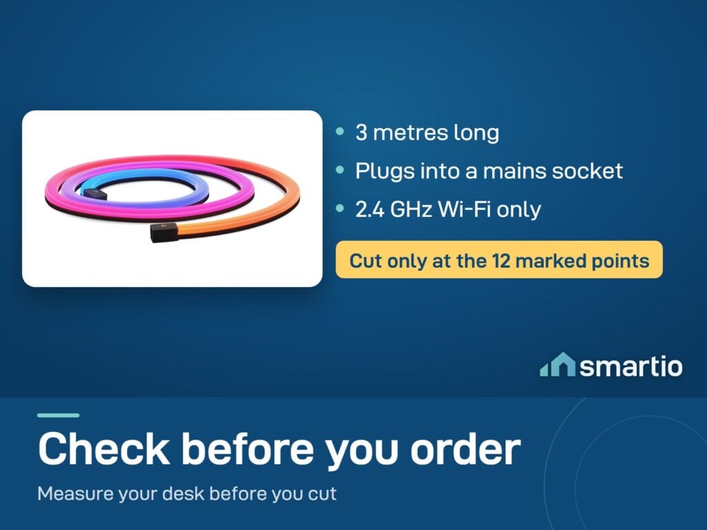 Govee desk neon rope light, 3 metres: mains power, 2.4 GHz Wi-Fi, cut only at the 12 marked points