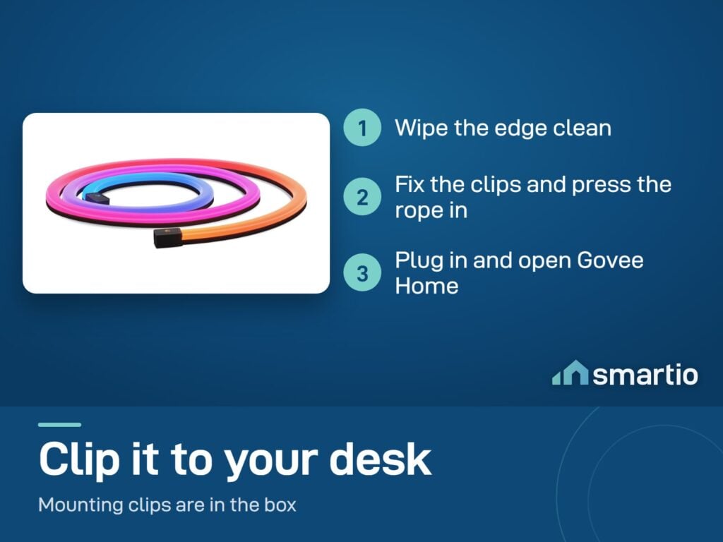 Govee desk neon rope light install: wipe the edge, fix the clips, plug in and open Govee Home