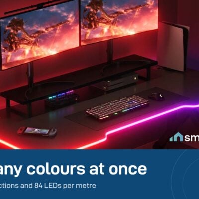 Govee desk neon rope light showing several colours along a gaming desk