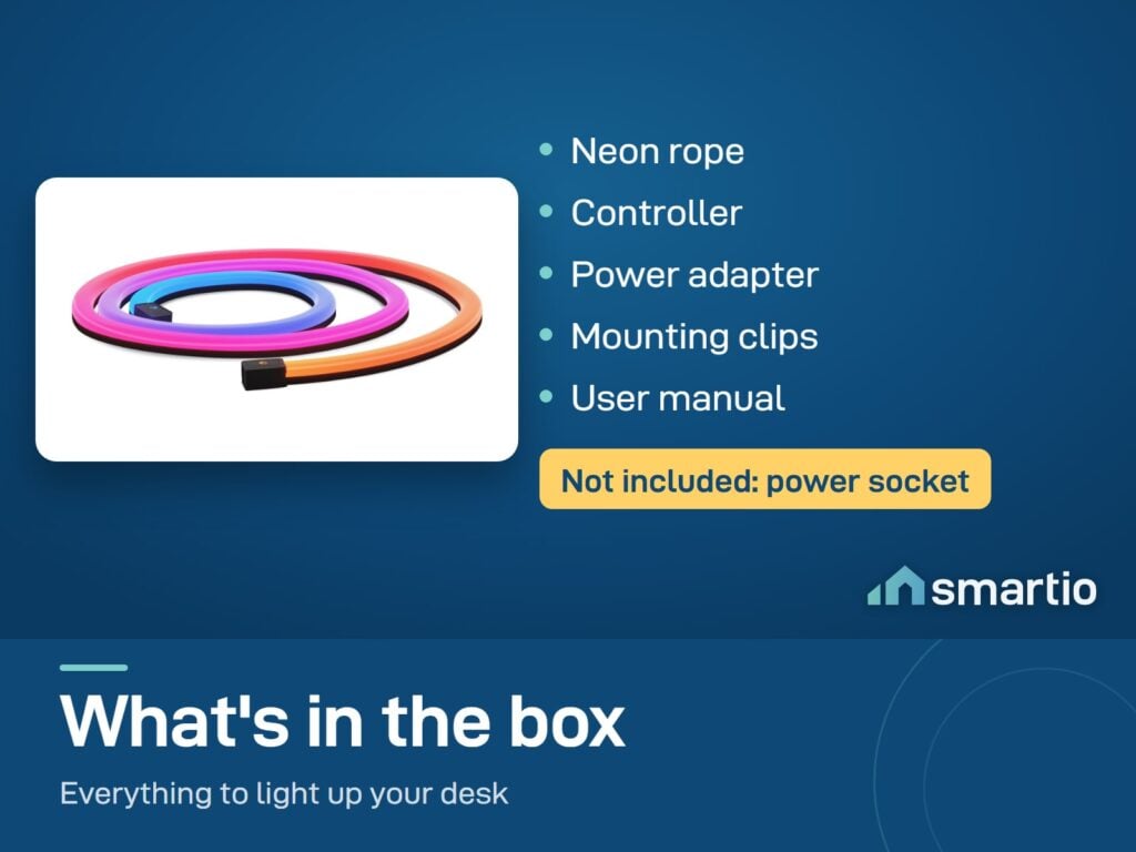 What's in the Govee desk neon rope light box: rope, controller, power adapter, mounting clips and manual