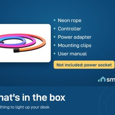 What's in the Govee desk neon rope light box: rope, controller, power adapter, mounting clips and manual