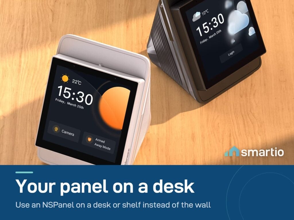 Two Sonoff NSPanel screens showing the time, standing on a wooden desk in Sonoff desk stands