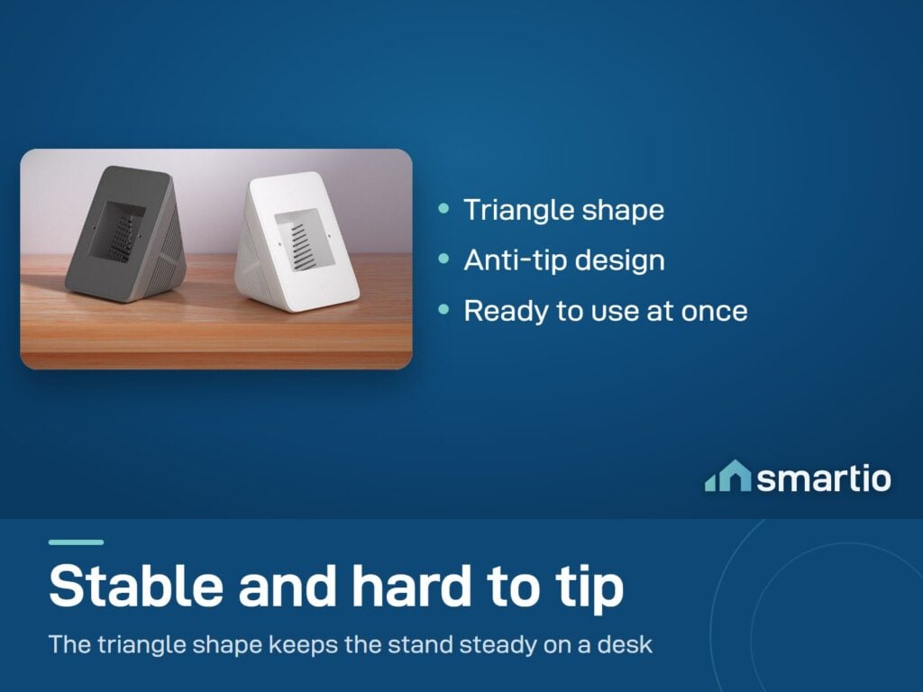 Two Sonoff desk stands for the NSPanel, one dark grey and one white, on a wooden desk