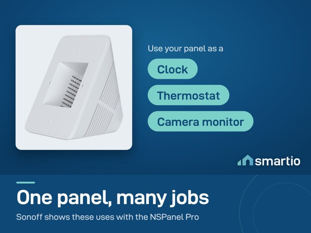 Sonoff desk stand holding an NSPanel Pro that can work as a clock, a thermostat or a camera monitor