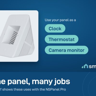 Sonoff desk stand holding an NSPanel Pro that can work as a clock, a thermostat or a camera monitor