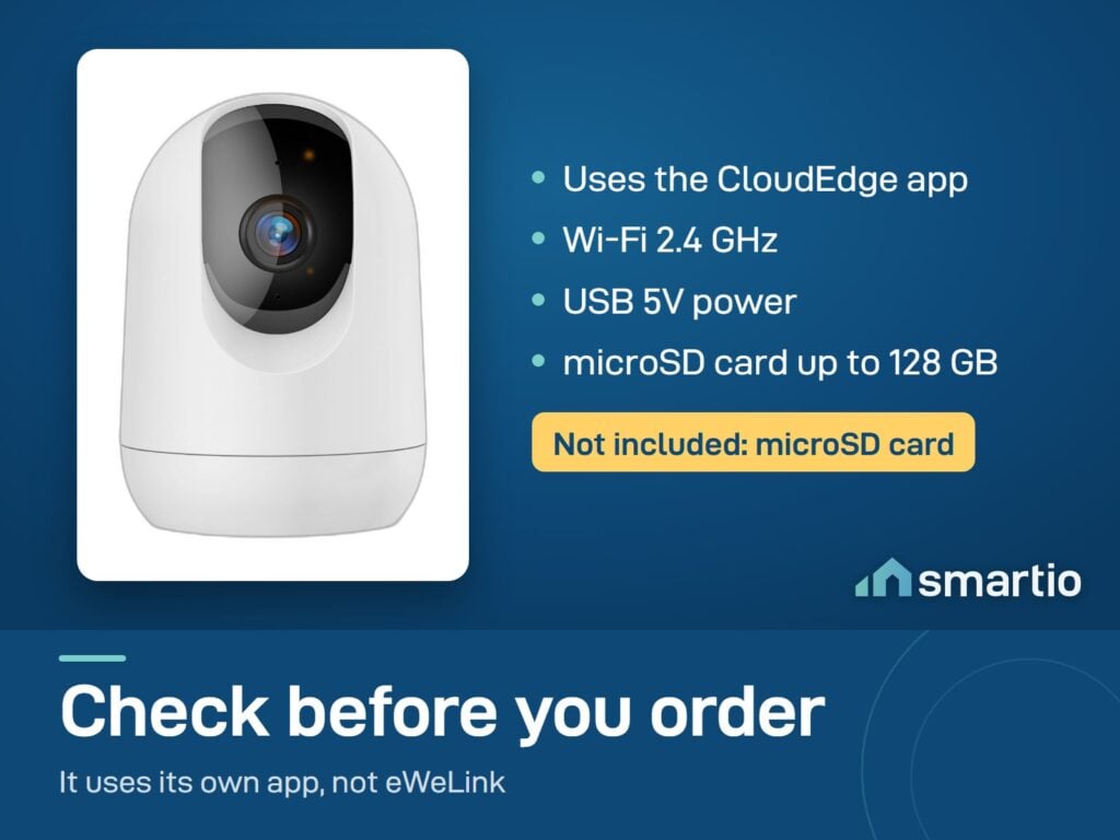 CloudEdge Pan and Tilt Camera uses the CloudEdge app, Wi-Fi 2.4 GHz, USB 5V power and a microSD card up to 128 GB