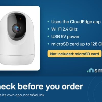 CloudEdge Pan and Tilt Camera uses the CloudEdge app, Wi-Fi 2.4 GHz, USB 5V power and a microSD card up to 128 GB