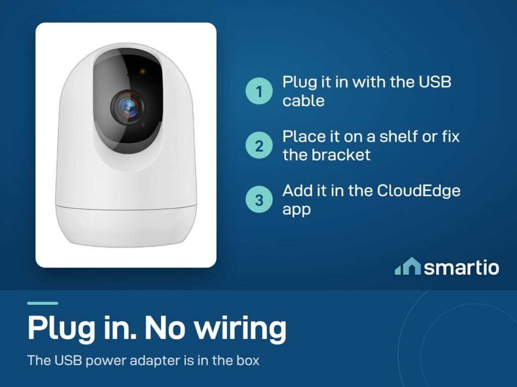 CloudEdge Pan and Tilt Camera install: plug in, place on a shelf or fix the bracket, add in the CloudEdge app