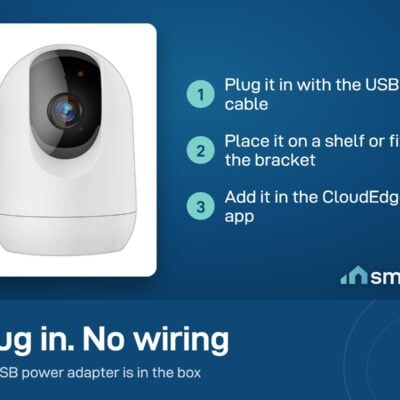 CloudEdge Pan and Tilt Camera install: plug in, place on a shelf or fix the bracket, add in the CloudEdge app