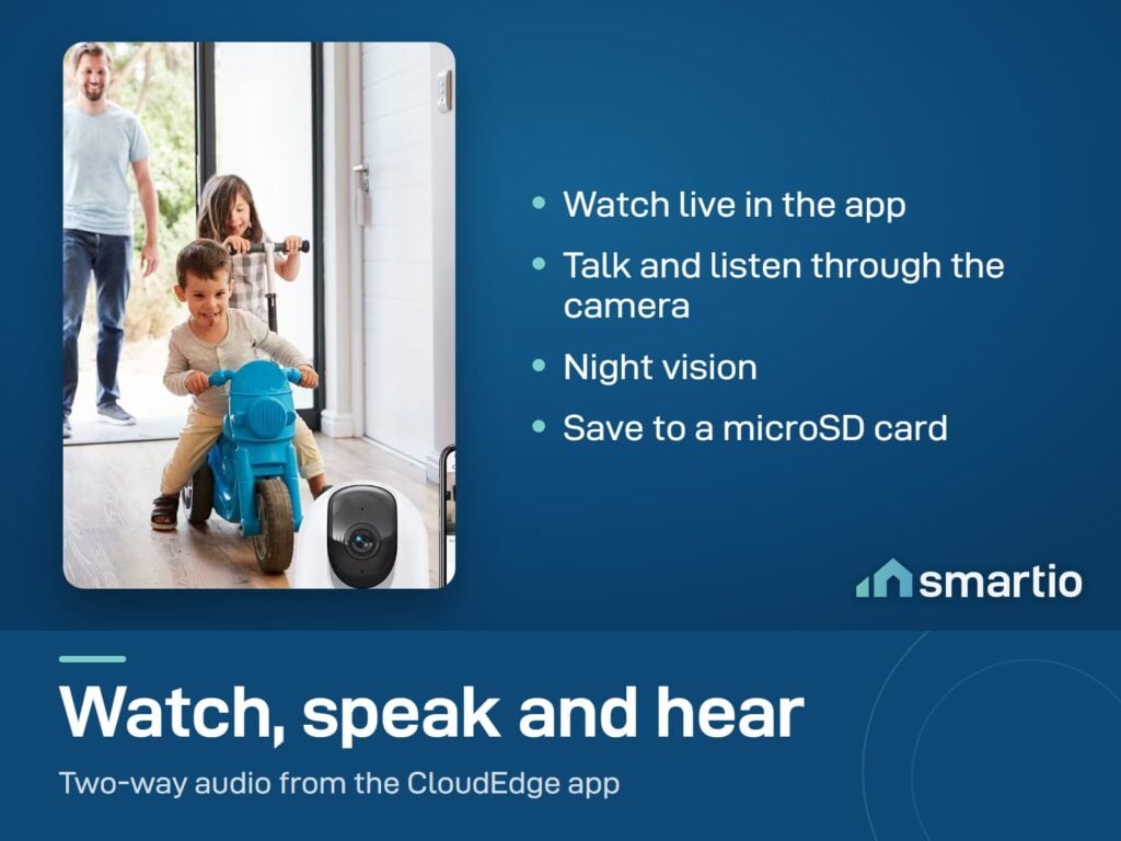 A father and two children at a front door, with a CloudEdge camera at the edge of the photo