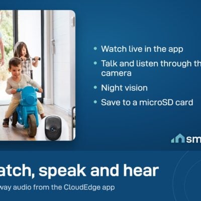 A father and two children at a front door, with a CloudEdge camera at the edge of the photo