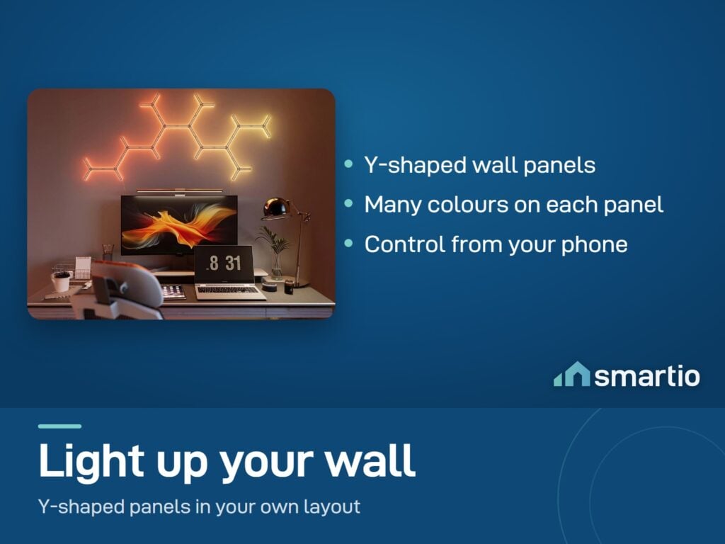 Govee Glide Y Lights: warm orange Y-shaped light panels on the wall above a desk