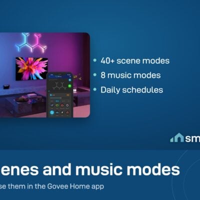 Govee Glide Y Lights above a TV with the Govee Home app on a phone showing scene modes