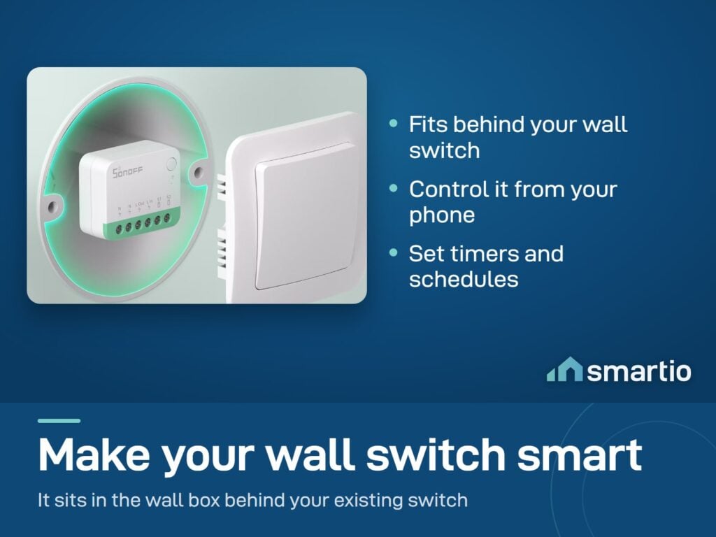 Sonoff MINIR4M relay in a round wall box behind a wall switch, which turns the switch into a smart switch